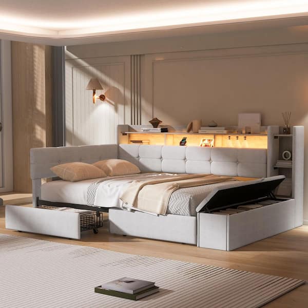 Beige Twin Size Daybed with Storage Footstool and Shelves, 2 Drawers