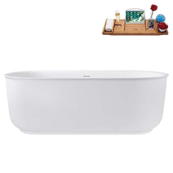 Streamline 67 in. x 31 in. Acrylic Freestanding Soaking Bathtub in Glossy White with Matte Oil Rubbed Bronze Drain, Bamboo Tray