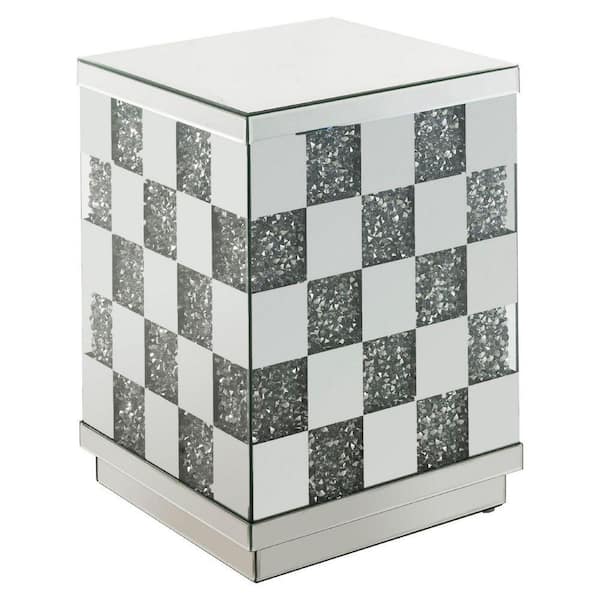 Benjara 16 in. Silver Square Glass End Table with Encrusted Faux Acrylic Diamond Inlay