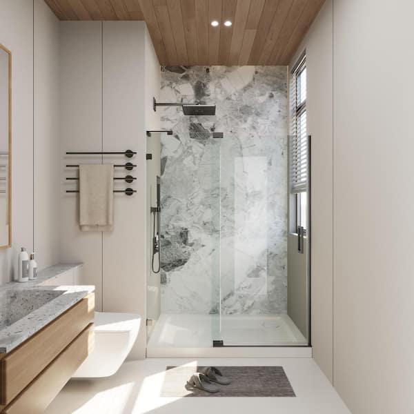 50-54 in. W x 70 in. H Frameless Pivot Shower Door in Matte Black with 5/16 in. Clear Glass