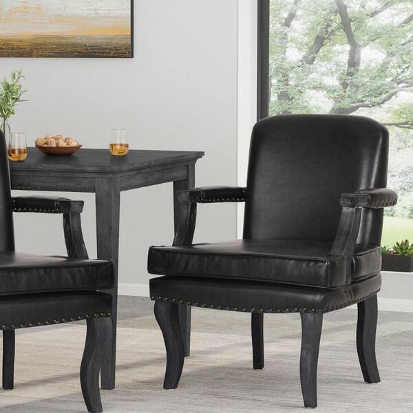 Noble House Ardson Midnight Black Faux Leather and Gray Wood Upholstered Dining Chair