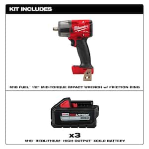 M18 FUEL 18V Lith-Ion Brushless Cordless Mid Torque 1/2 in. Impact Wrench w/(3) High Output Battery Pack 6.0Ah