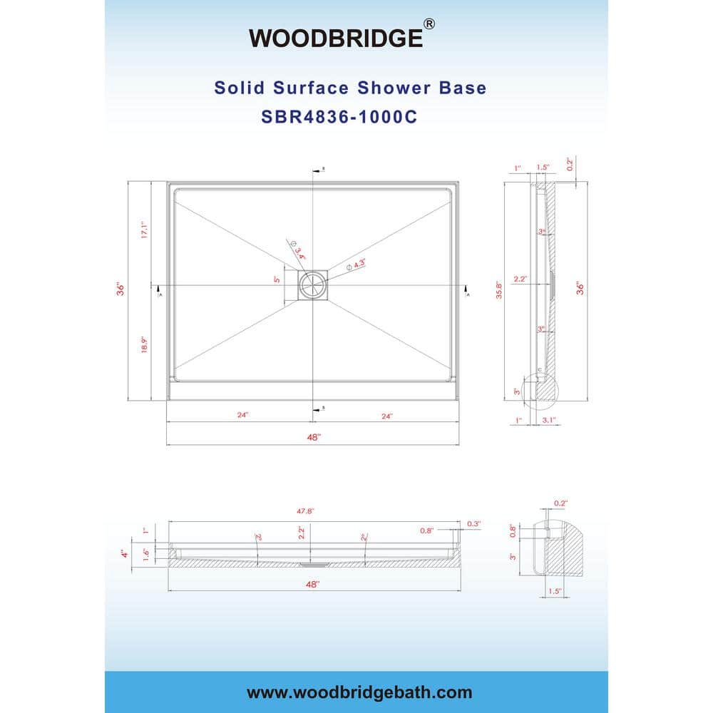 48" White Rectangular Shower Pan with Brushed Gold Drain