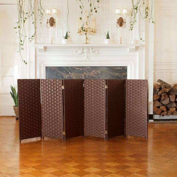 Oriental Furniture 3 ft. Short Woven Fiber Folding Screen - 6 Panel - Dark Mocha