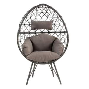 Modern Teardrop-Shaped Metal Frame Made of Black Wicker Outdoor Lounge Chair with Metal Hairpin Legs and Gray Cushions