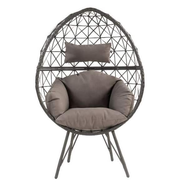 Misopily Modern Teardrop-Shaped Metal Frame Made of Black Wicker Outdoor Lounge Chair with Metal Hairpin Legs and Gray Cushions