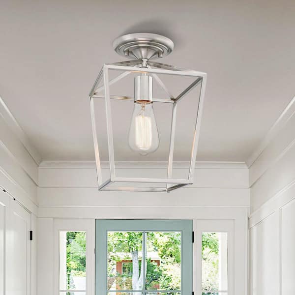 Wispfire 1-Light Indoor Brushed Nickel Modern Chandelier Light with Caged Metal Shade, Semi Flush Mount, E26 Lamp holder