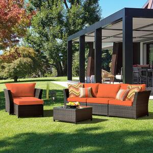Huron Gorden Brown 6-Piece Wicker Outdoor Patio Conversation Sectional Sofa Set with Orange Red Cushions