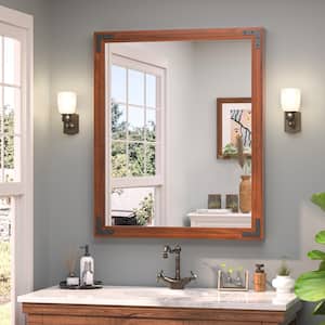 30 in. W x 36 in. H Rectangular Rustic Wood Framed Farmhouse Wall Bathroom Vanity Mirror in Brown