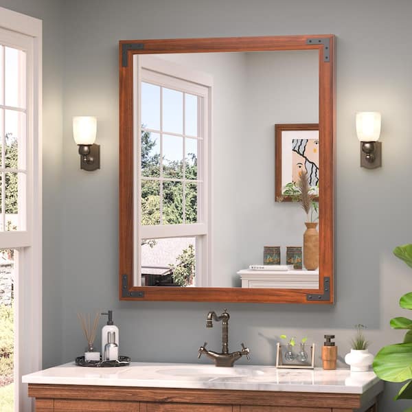 KeonJinn 30 in. W x 36 in. H Rectangular Rustic Wood Framed Farmhouse Wall Bathroom Vanity Mirror in Brown