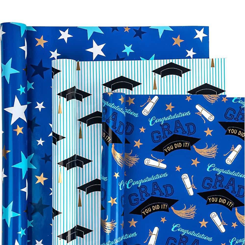Graduation Wrapping Paper 3 Rolls 17 in. x 120 in. Trencher Cap and Star Design Celebration Party Gift Wrap price history on PriceWatchPro