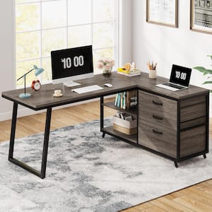 Capen 53.15 in. L-Shaped Gray Engineered Wood 3-Drawer Executive Desk Computer Desk with Open Storage Shelf for Office