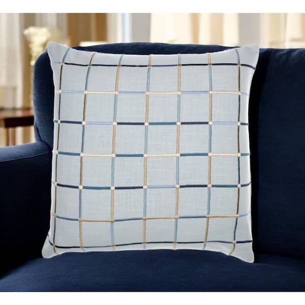 HomeRoots Light Blue Plaid Polyester 24 in. x 24 in. Throw Pillow