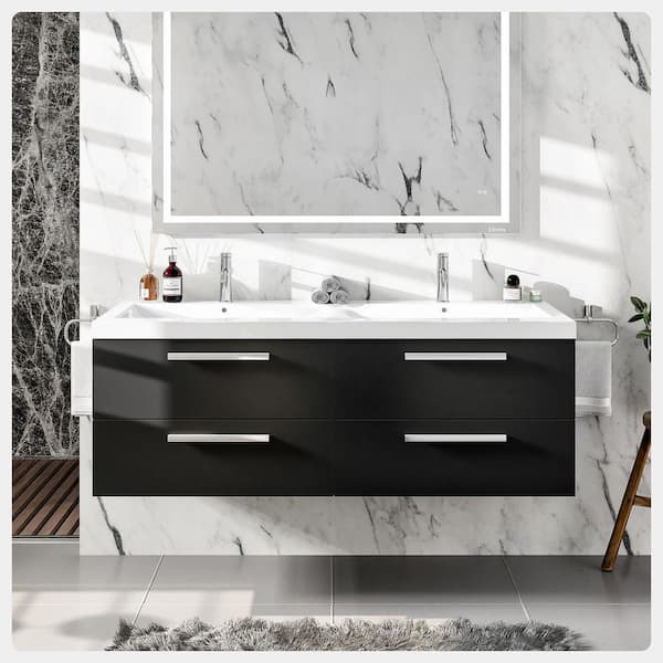 Eviva Surf 57 in. W x 19 in. D x 24 in. H Bathroom Vanity in Black-Wood with White Acrylic Top with White Sink