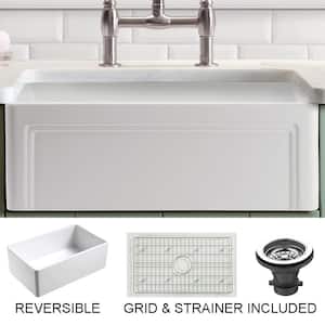 Olde London Farmhouse Fireclay 33 in. Single Bowl Kitchen Sink with Grid with Grid and Strainer