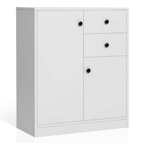 Costway White Wood 28.5 in. Kitchen Storage Cabinet 2-Drawer Sideboard Floor Cupboard with Adjustable Shelves