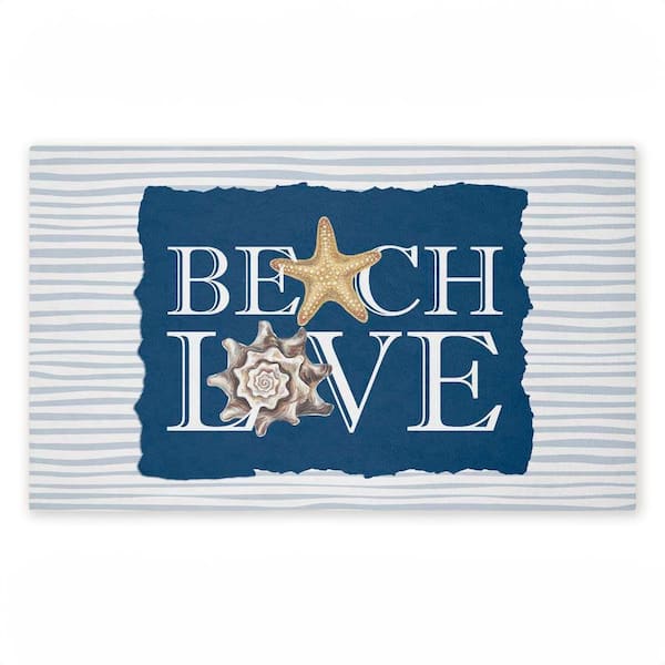 Beach Love over Stripes Blue 18 in. x 30 in. Polyester Non-Slip Outdoor Door Mat