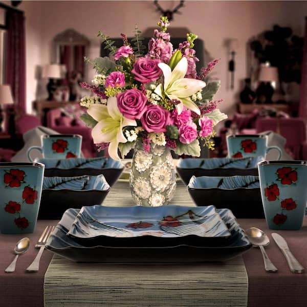 Aloha Tide 16-Piece Patterned Blue Stoneware Dinnerware Set (Service for 4)