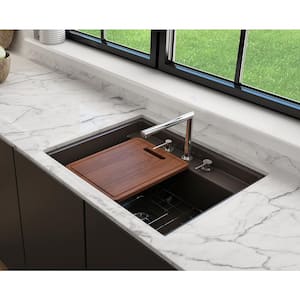 Baveno Uno Matte Brown Fireclay 27 in. Single Bowl Undermount/Drop-In 3-hole Kitchen Sink w/Integrated WS and Acc.