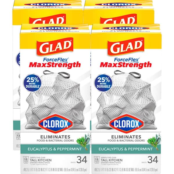 13 Gallon ForceFlex MaxStrength with Clorox Tall Kitchen Drawstring Eucalyptus and Peppermint Trash Bags (34-Ct, 4-Pk)