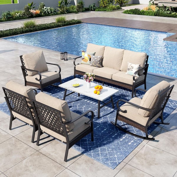 PHI VILLA 6-Piece Black Metal 7 Seats Outdoor Patio Conversation Set with Rocking Chair, Marbling Coffee Table and Beige Cushions
