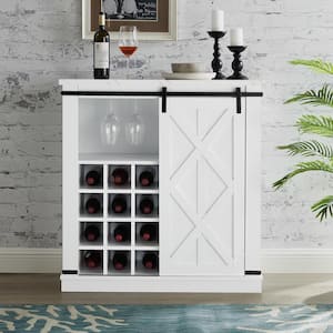 37 in. White Wood Buffet Bar Cabinet Barn Door with Marbling Pattern Countertop