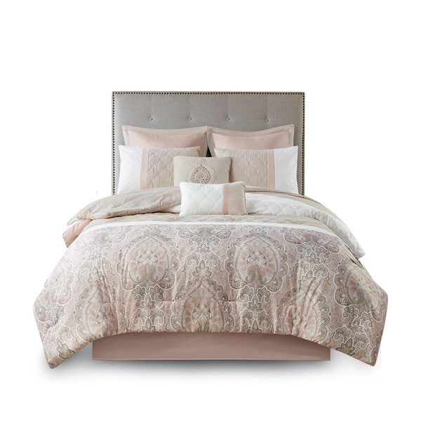 Unbranded Blush Queen Luxe Quilted 8-Piece Polyester Comforter Set Modern Warm Bedding with Shams, Bedskirt, Decorative Pillow