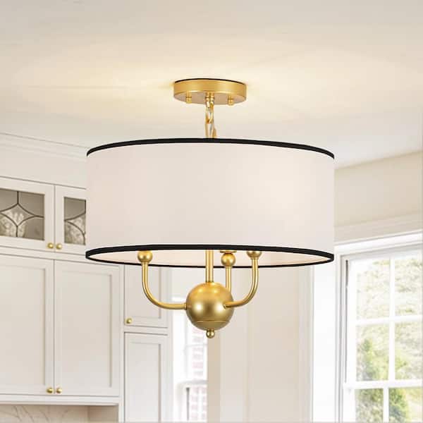 Softline 15.7 in. 3-Light Gold Finshed Drum Chandelier with Fabric Shade For Kitchen Island Living Room Foyer