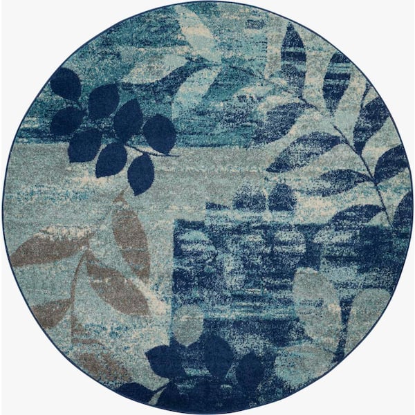 Nourison Tranquil Navy/Light Blue 5 ft. x 5 ft. Floral Contemporary Round Area Rug