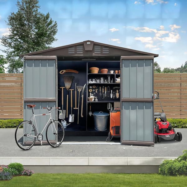 Unbranded 9 ft. W x 7 ft. D Outdoor Metal Utility Tool Storage Shed with Lockable Doors, Vents for Backyard Lawn Brown 63 sq. ft.
