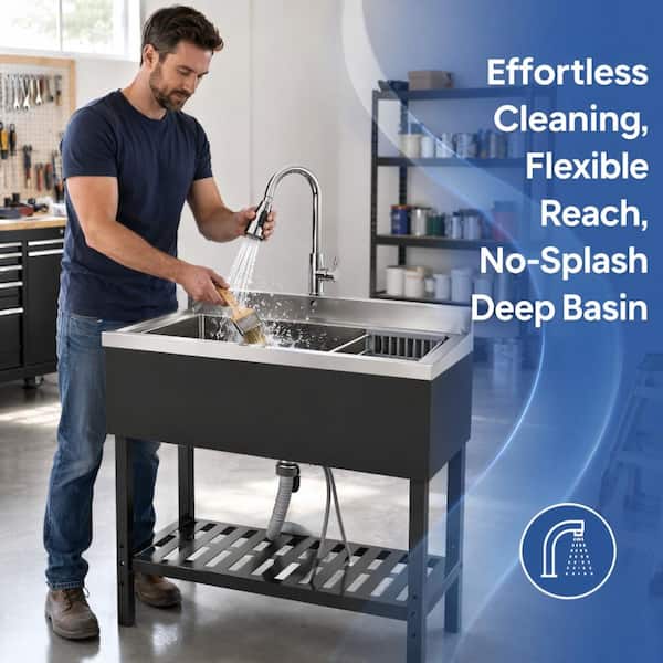 Freestanding Stainless Steel Commercial Utility Sink – 1 Compartment, 40" Deep Basin With Faucet, Industrial Kitchen Sink