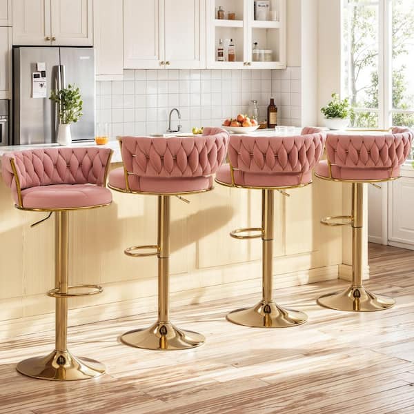 Bar Stools Set of 4, 25.59 in. Adjustable Metal Barstools Counter Height Stools, Velvet Kitchen Island Stools, Pink