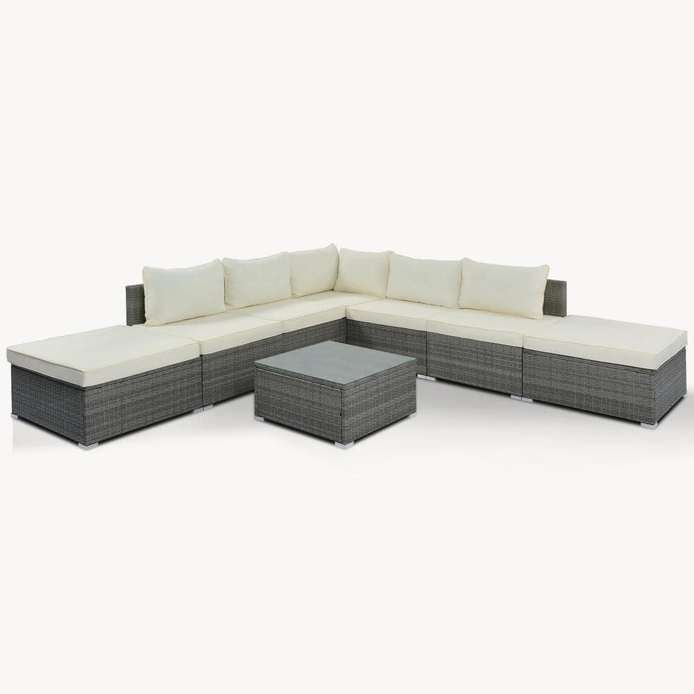 8-Piece Wicker Patio Conversation Set with Beige Cushions