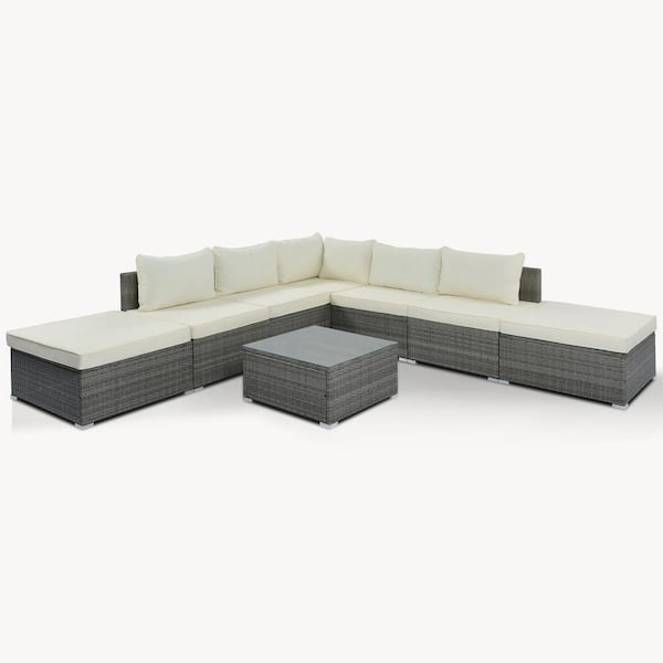 Unbranded 8-Piece Wicker Patio Conversation Set with Beige Cushions