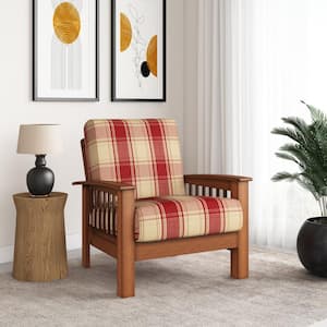 Omaha Mission Style Arm Chair with Exposed Wood Frame in Red Plaid