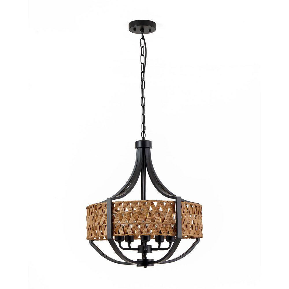 Modern Farmhouse 5-Light Matte Black Chandelier with Natural Brown Woven Rattan Shade E26 Compatible price history on PriceWatchPro
