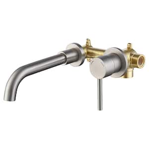 Modern Single Handle 2 Hole Wall Mounted Bathroom Faucet with 360 Degree Swivel Spout in Brushed Nickel