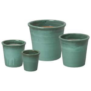 7 in. x 10 in. x 12 in. x 15 in. H Green Kelp Ceramic Pail Planters S/4