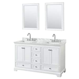 60 in. W x 22 in. D Vanity in White with Marble Vanity Top in Carrara White with White Basins and 24 in. Mirrors