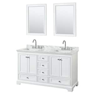 Deborah 60 in. W x 22 in. D x 35 in. H Double Bath Vanity in White with White Carrara Marble Top and 24 in. Mirrors