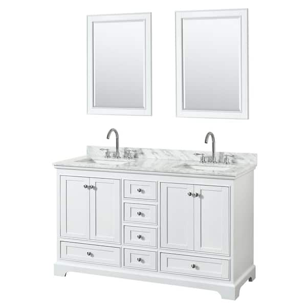 Wyndham Collection Deborah 60 in. W x 22 in. D x 35 in. H Double Bath Vanity in White with White Carrara Marble Top and 24 in. Mirrors