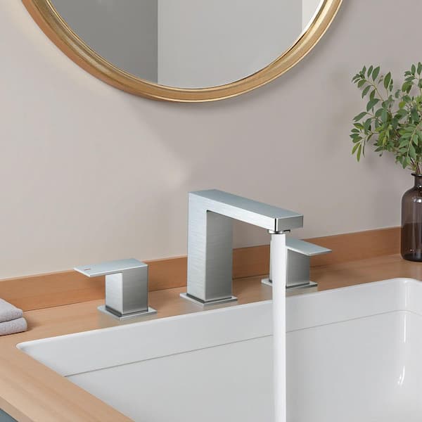 Square handle Double-Handle Bathroom Faucet with Pop-Up Drain 3-Hole Vanity Sink Faucet Spout in Brushed Nickel