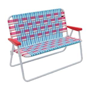 Red/Blue Outdoor Folding Loveseat Web Strap Lawn Chair with High Seat Back and Rust-Resistant White Steel Frame