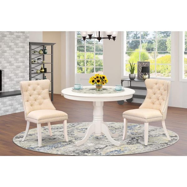 East West Furniture 3-Piece Linen White Finish Solid Wood Top - Round Dining Room Set - (Seats-4)