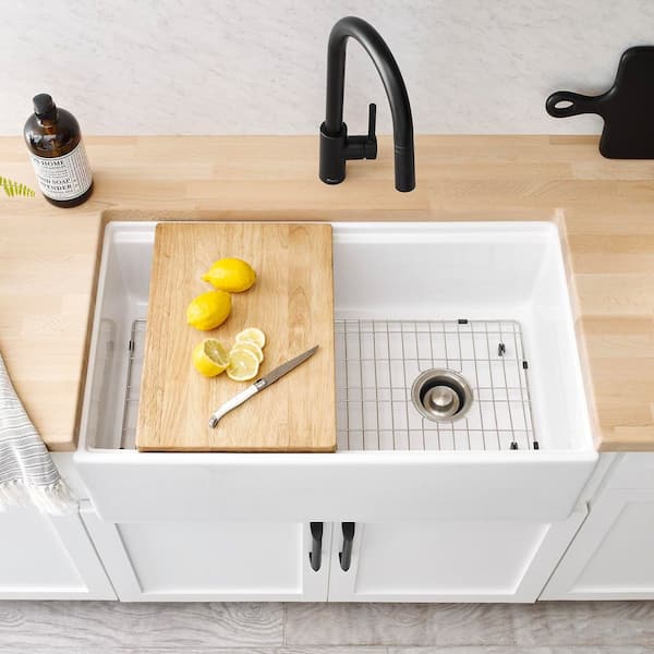Austen 33 in. Farmhouse/Apron-Front Undermount Single Bowl Crisp White Fireclay Workstation Kitchen Sink and Drain