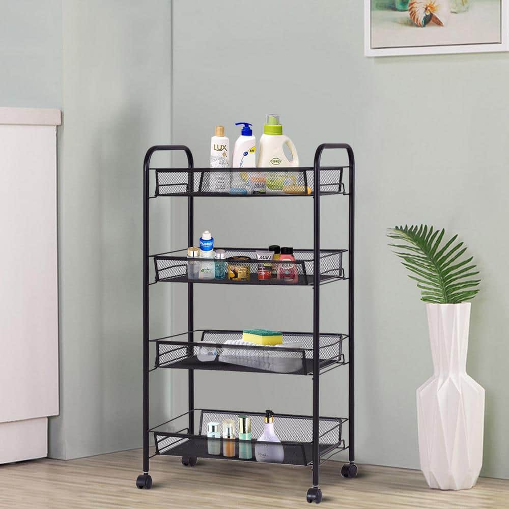 4-Tier Black Steel Rolling Utility Kitchen Cart Storage Rack, 33 in. x 17 1