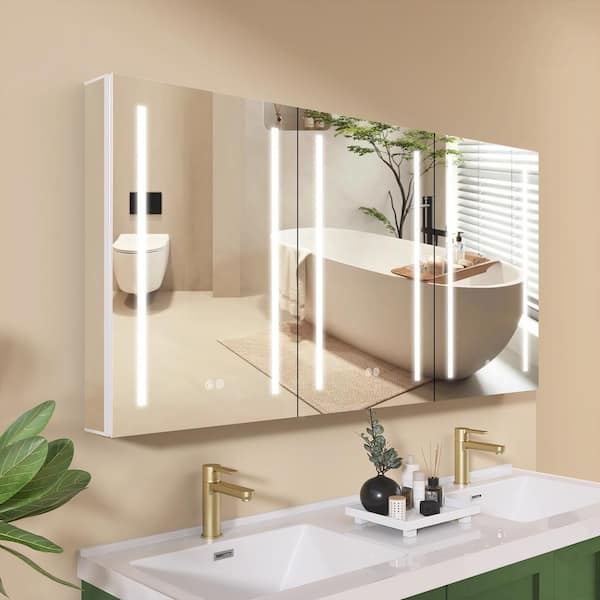 60 in. W x 30 in. H Recessed/Surface Mount Rectangular White LED Bathroom Medicine Cabinet w/ Mirror and Lights 3-Doors