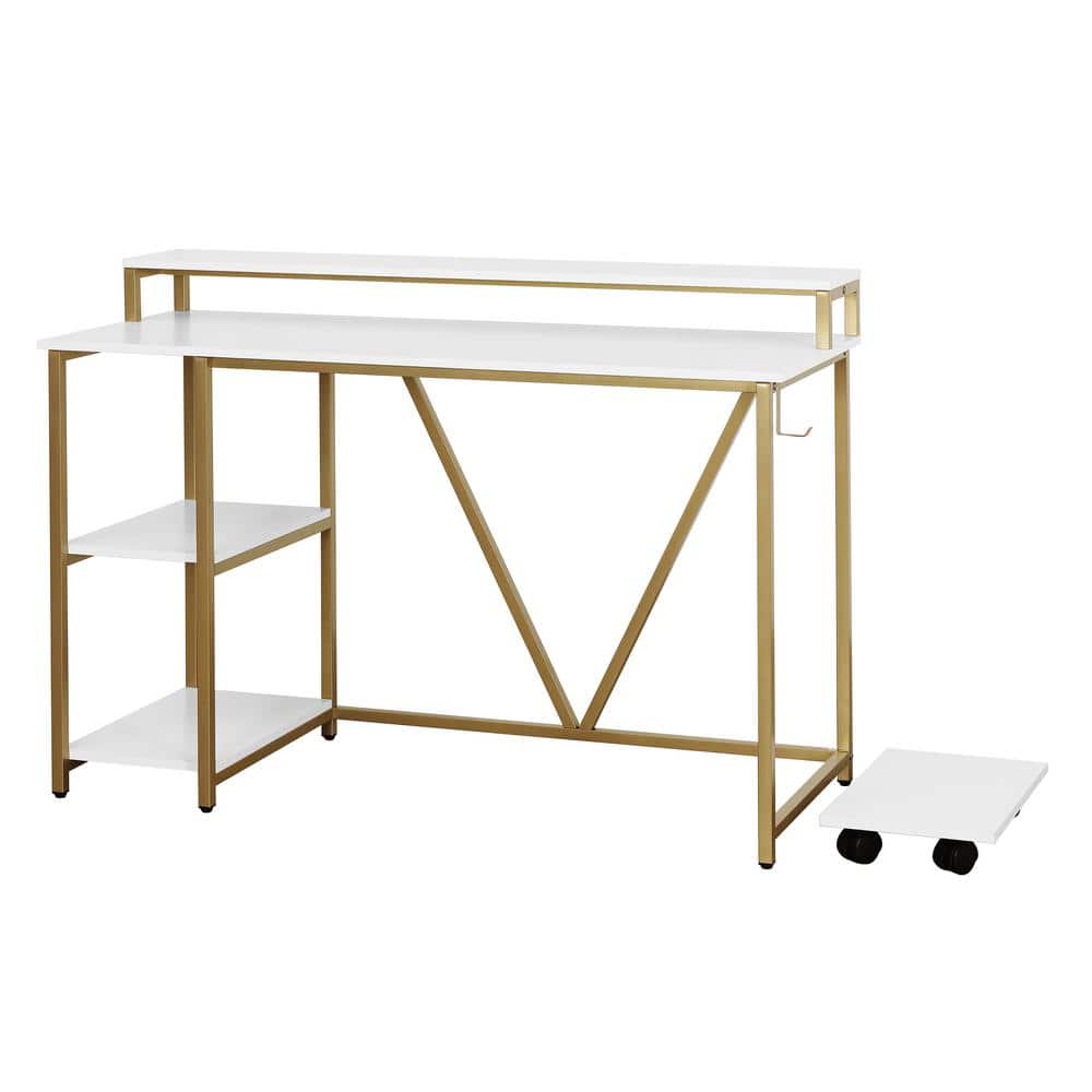 Modern Industrial Gold and Wood Writing Desk with Elevated Shelves
