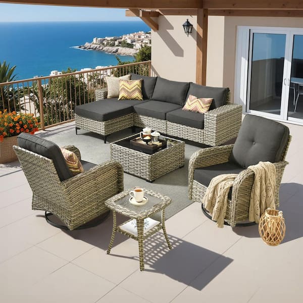 Verano 8-Piece Wicker Patio Conversation Sofa Seating Swivel Rocking Chairs Set with Ottoman and Black Cushions