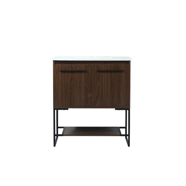 Unbranded Simply Living 30 in. Single Bathroom Vanity in Walnut with Quartz Vanity Top in Ivory White